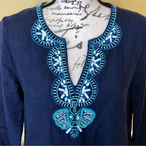 LILLY PULITZER Navy Resort Wear Linen Tunic Top Shirt Blue Beaded Turquoise Sm - Picture 3 of 7